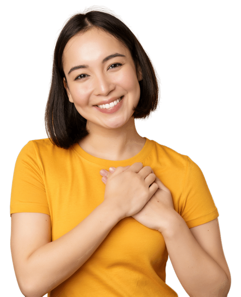 Thank you woman wearing yellow and holding her chest