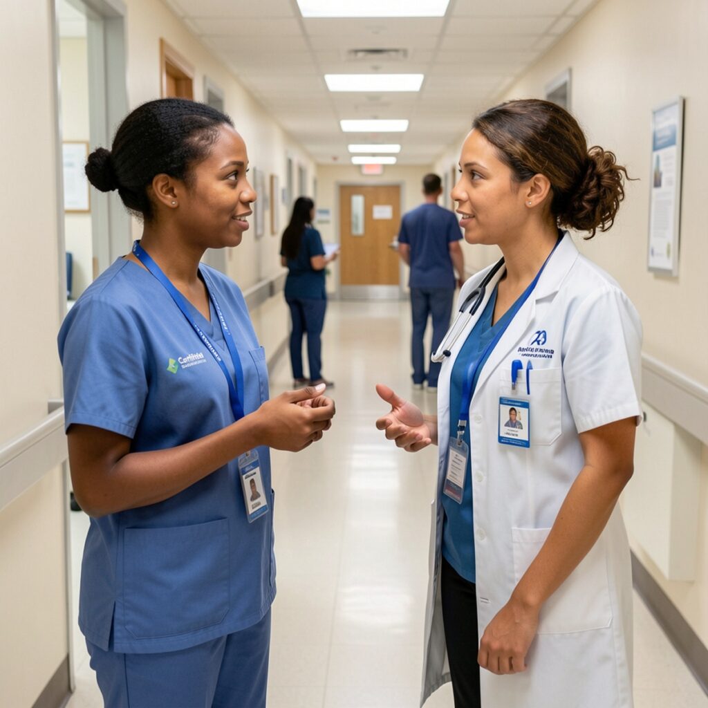 Difference between cna and medical assistant, two women facing with each other