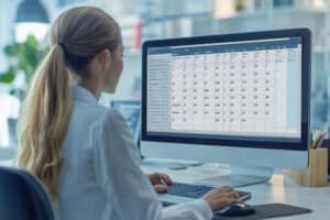 receptionist scheduling woman in front of calendar view in monitor