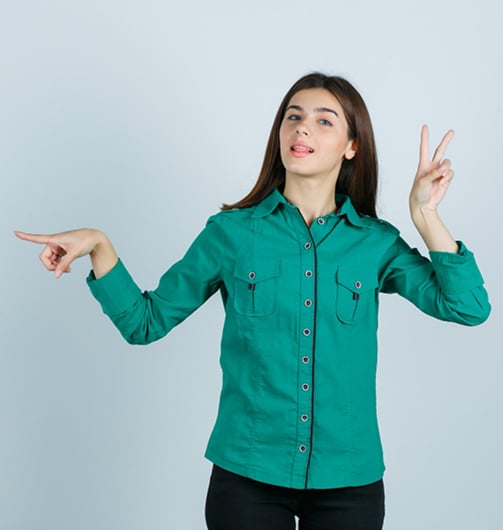 careers woman signing peace and pointing beside