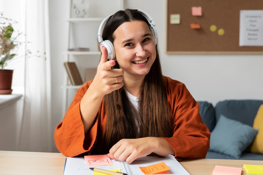 female social media manager pointing front