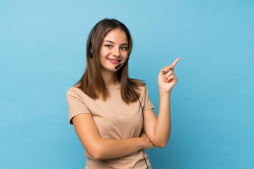 lead generation specialist woman pointing beside