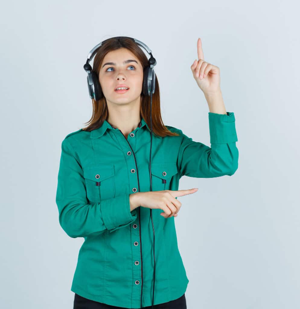 woman pointing above