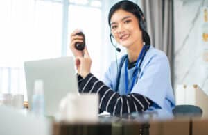 digital marketing virtual assistant Smiling female healthcare professional with headset