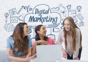 digital marketing virtual assistant Three women collaborating on digital marketing strategy