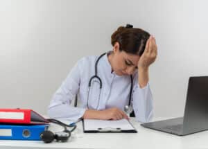 A tired doctor at her desk highlights the need to Reduce physician burnout with virtual assistants.