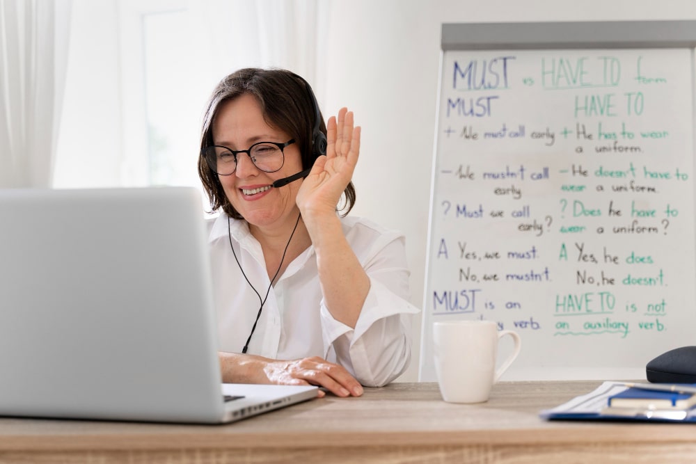 bilingual virtual assistant Female online language tutor wearing a headset