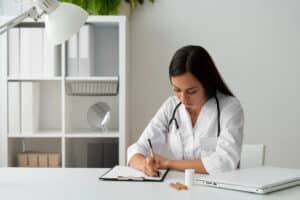 A focused doctors scribe documents medical notes, ensuring accurate and efficient patient records