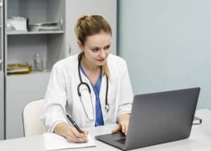 emergency scribe talking to a patient online