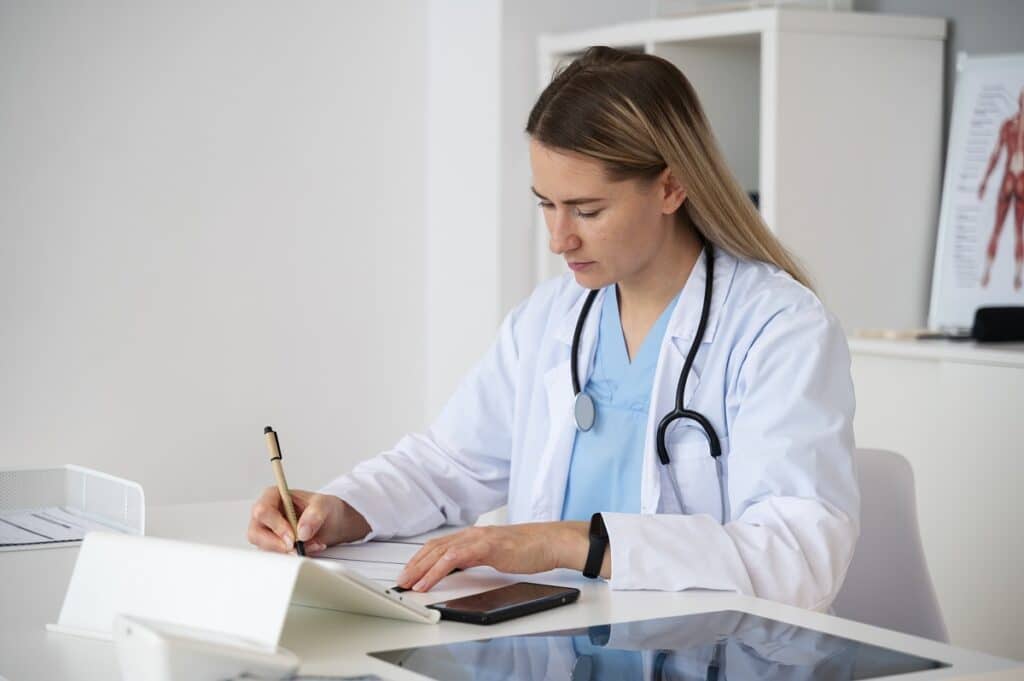 medical scribing by a female doctor in a white coat at a clinic desk