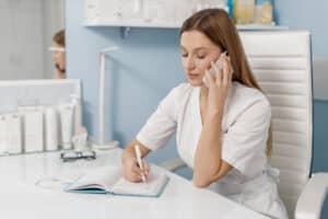 Insurance verification callback workflows for specialty clinics, featuring a nurse writing in a notebook while answering a phone call.