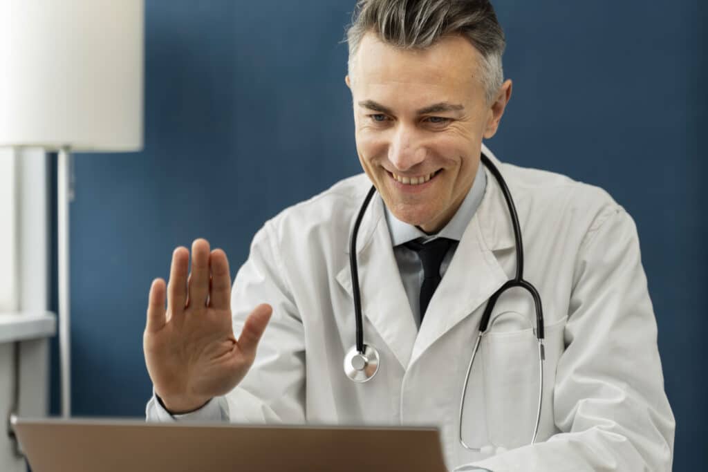 Doctor providing medical teleconsultation and customer support services to a patient.