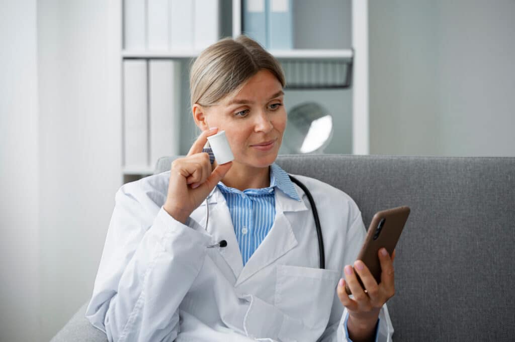 A doctor holding medication while speaking with a patient over the phone as part of a patient callback workflow for medical offices.