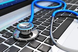Medical virtual assistant conducting referral document readiness checks during an online patient support session.