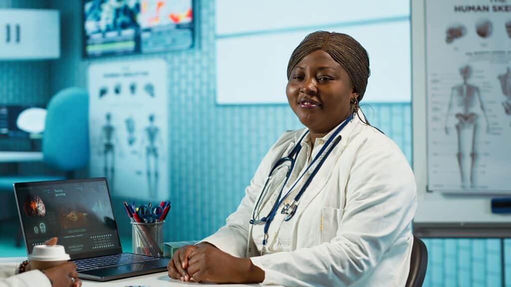 portrait african american medic expert having conversation with young girl